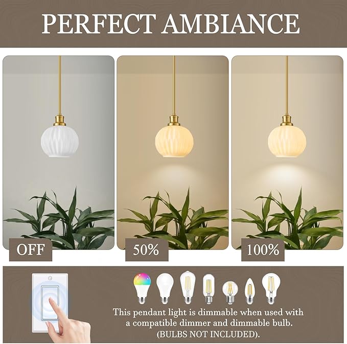 Brushed Gold Pendant Lights Kitchen Island 2 Pack, 7.3" Milk Glass Modern Pendant Light Fixtures with Rods, Globe Hanging Lighting for Kitchen Sink Bathroom Dining Room, E26 Base