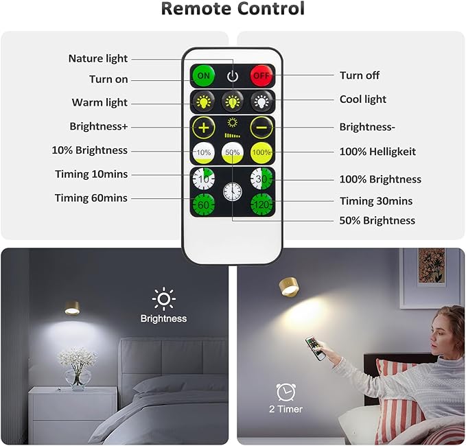 LED Wall Lights Lamp 3 Color Temperatures & Dimmable Magnetic 360° Rotation with Remote, Wall Sconces 3 Pcs with 3000mAh Rechargeable Battery, Cordless Wall Light for Reading Bedside Hallway