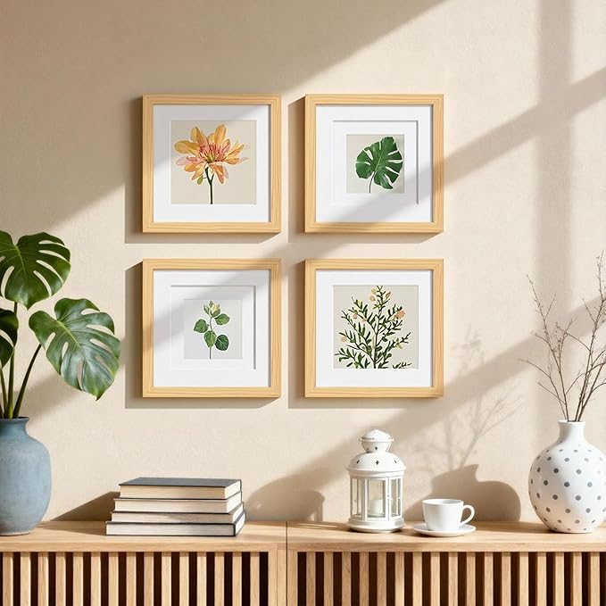 Egofine 8x8 Picture Frames Natural Wood Frames with Plexiglass, Display Pictures 4x4/6x6 with Mat or 8x8 Without Mat Set of 4 for Tabletop and Wall Mounting