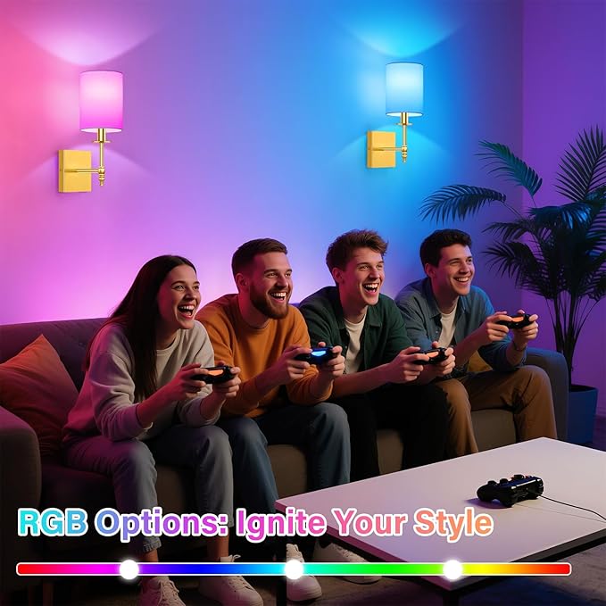 14.5 Inch Wall Sconces Battery Operated Set of 2, Rechargeable Wireless Wall Sconces Lights with Remote, Not Hardwired Dimmable Gold Wall Lamps with White Fabric Shade for Bedroom, 2 Bulbs Included