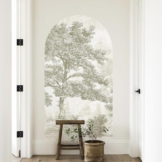 Zeeko Vintage Forest Arch Wall Mural Peel and Stick 31" W x 59" H Beige Tree Wallpaper Self-Adhesive Archway Wall Decals for Bedroom