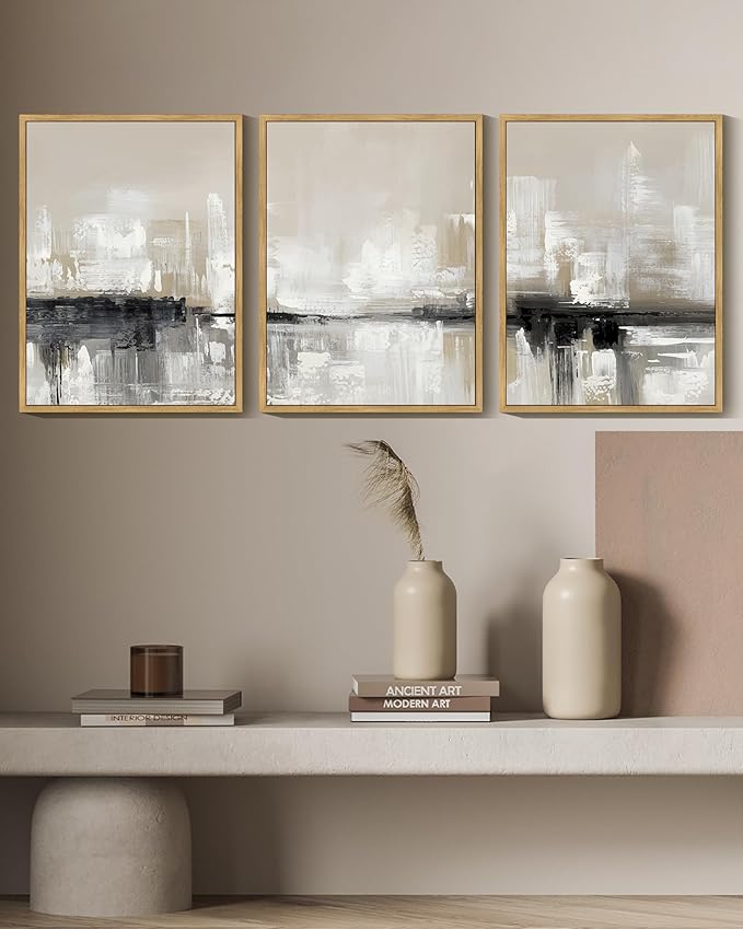 KUVIOKE Abstract Gray Framed Wall Art Neutral Brown Artwork Painting Morden Minimalist Wall Decor Rustic Home Decor 12x16in (Natural Framed)