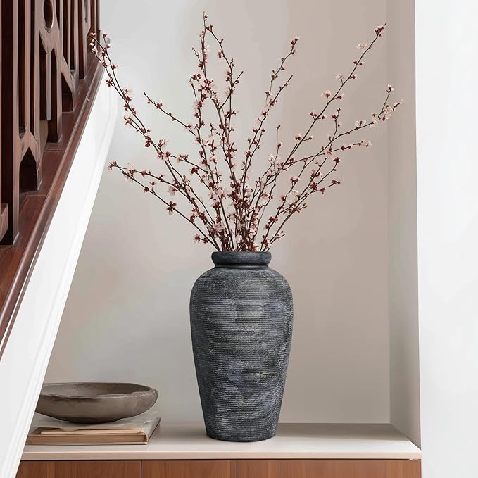 Rustic Vase, 11 inch Large Terracotta Flower Vase, Farmhouse Ceramic Pottery, Distressed Farmhouse Decor for Living Room, Shelf, Entryway, Room Decor, Black Bronze