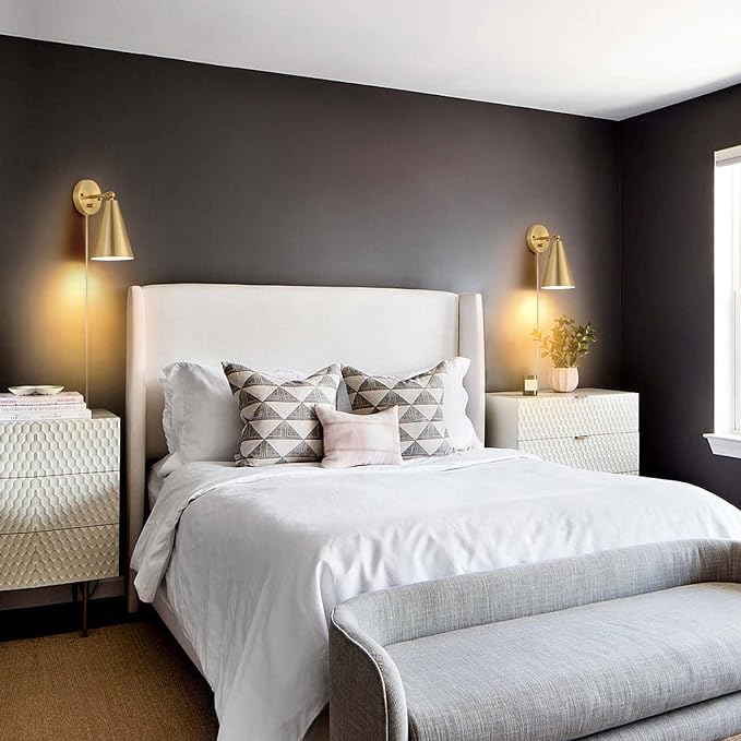 MWZ Gold Wall Sconces Set of Two Plug in,Brass Modern Dimmable Sconces Adjustable Angle Lights with Metal Shade and Dimmer On/Off Rotary Switch, Wall Mounted Light for Bedroom Bedside Stairway