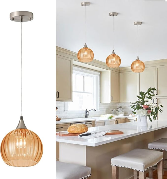 Brushed Nickel Pendant Lights Kitchen Island, Globe Pendant Light Fixtures with 8 Inch Clear Glass Shade, Modern Hanging Light Fixtures for Kitchen, Bedroom (1 Pack - Amber Glass Pendant Light)