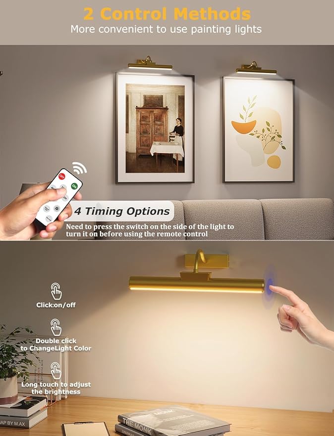 Picture Light Battery Operated, 13in Wireless Art Light for Paintings, Dimmable 5000mAh Recharging Battery Picture Light with Remote Control for Wall, Gallery Dartboard Art Bedroom (Gold-2Pack)