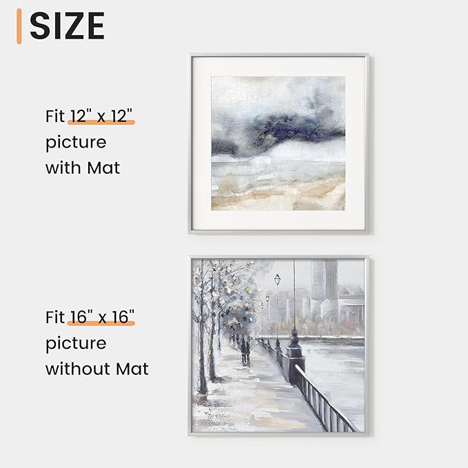 16x16 inch Metal Picture Frame - Thin Aluminum Square Photo Frames with 12x12 Removable Mat - High Definition Plexiglass - Vertical and Horizontal Display - Wall Hook Hanging Hardware Included - Silver, Set of 1