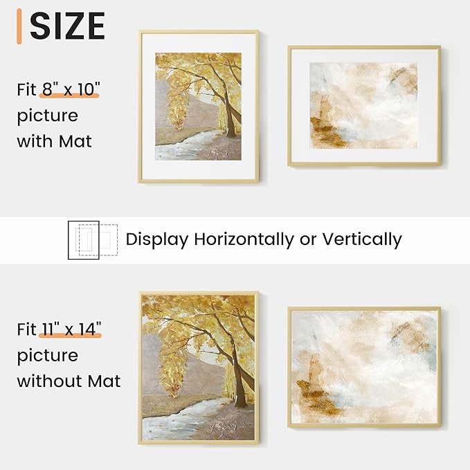 11x14 inch Metal Picture Frame - 11 x 14 Thin Aluminum Photo Frames with 8x10 Removable Mat - High Definition Plexiglass - Vertical and Horizontal Display - Wall Hook Hanging Hardware Included - Gold, Set of 4