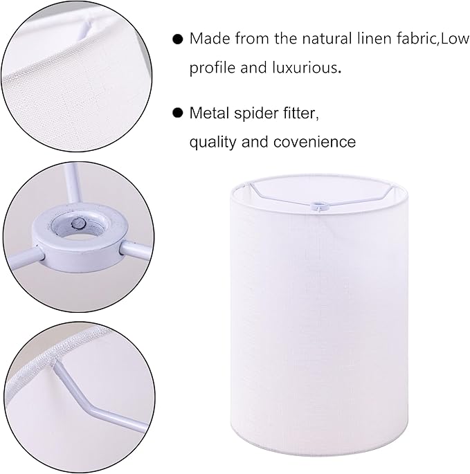 Wellmet White 6"x 6"x10" Lampshade, No Assembly Required, Classic Modern Lamp Shade for Table Lamp, Bedside Lamp, Floor Lamp, Fabric Drum Lampshade, Spider Fitter