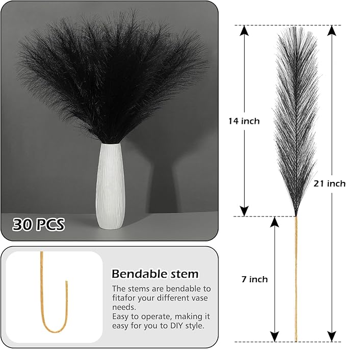 30 Pcs Pampas Grass Black Decor 21.7" Fluffy Faux Short Pampas Grass Artificial Small Pompas Grass Flower Vase Filler for Home Wedding Living Room Wall Party Decoration