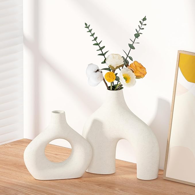 White Ceramic Vase Set of 2, Pampas Grass Vases for Home Decor, Round Matte Boho Vases for Flowers, Nordic Minimalism Style vase for Living Room Bedroom Shelf Decor