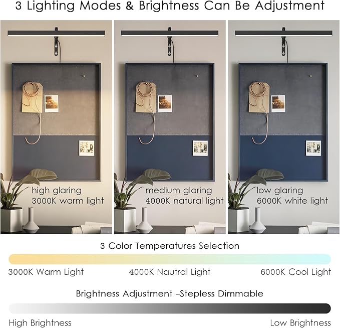 Black LED Picture Lights for Paintings Plug in,15.75 Inch Adjustable Art Light Plug in for Display Art Work, 3 Color Lighting, Plug in Picture Light with Remote for Frame Dartboard,Black