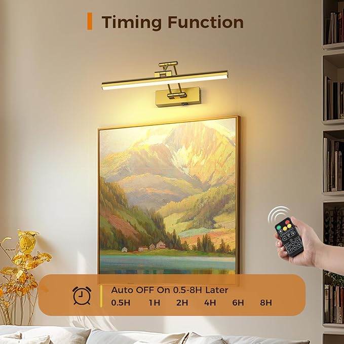 Joossnwell Picture Lights for Wall Battery Operated Art Light for Painting Wireless with Remote Rechargeable Brass Gallery Lighting 15.43 Inch for Portrait Library Artwork