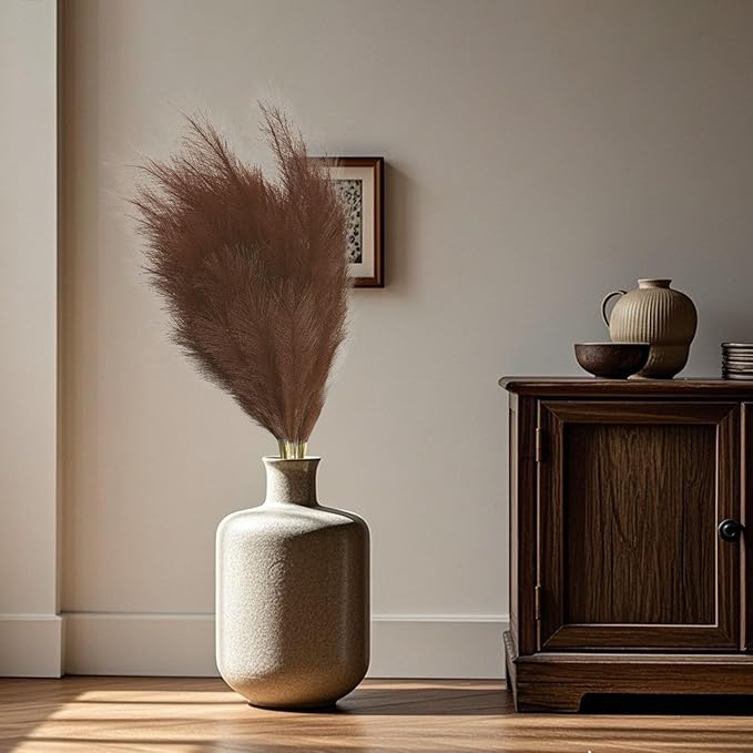 8 Pcs Brown Tall Faux Pampas Grass Decor, 45 Inches Artificial Pampas Grass Bulk, Large Faux Pompas Dried Decor for Floor Vase Filler, Home Boho, Wedding Anniversaries, Baby Shower Decoration