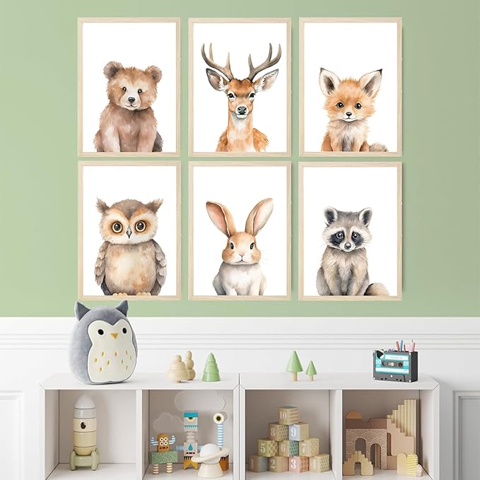 6 Animal Wall Art for Kids Room, Baby Room, Woodland Animals, Cute Bear, Deer, Rabbit Poster Prints, Safari Themed Paintings for Boys Girls Room (8x10 Inch Posters)