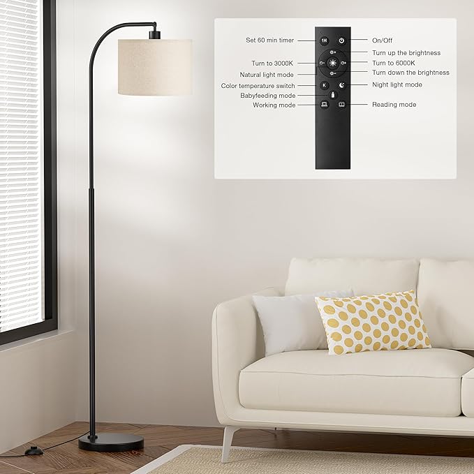 Arc Floor Lamp with Remote and Stepless Dimmable Bulb, Colors Temperature & Brightness Adjustable, Floor Lamps for Living Room（Deep Beige Shade & Black Pole）
