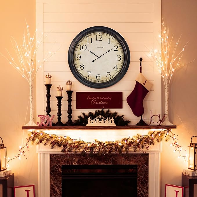 24 Inch Wall Clock Battery Operated Silent Vintage Large Wall Clocks for Living Room Fireplace Decor,Black-Brown