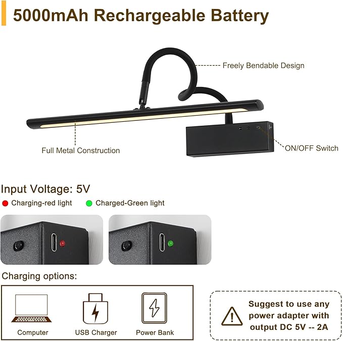 JOOSENLUX Wireless Picture Light with Remote Control Battery Powered Art Light 15.75 Inch Black Gallery Light Dimmable and Timer Function for Pictures, Display, Artwork, Gallery