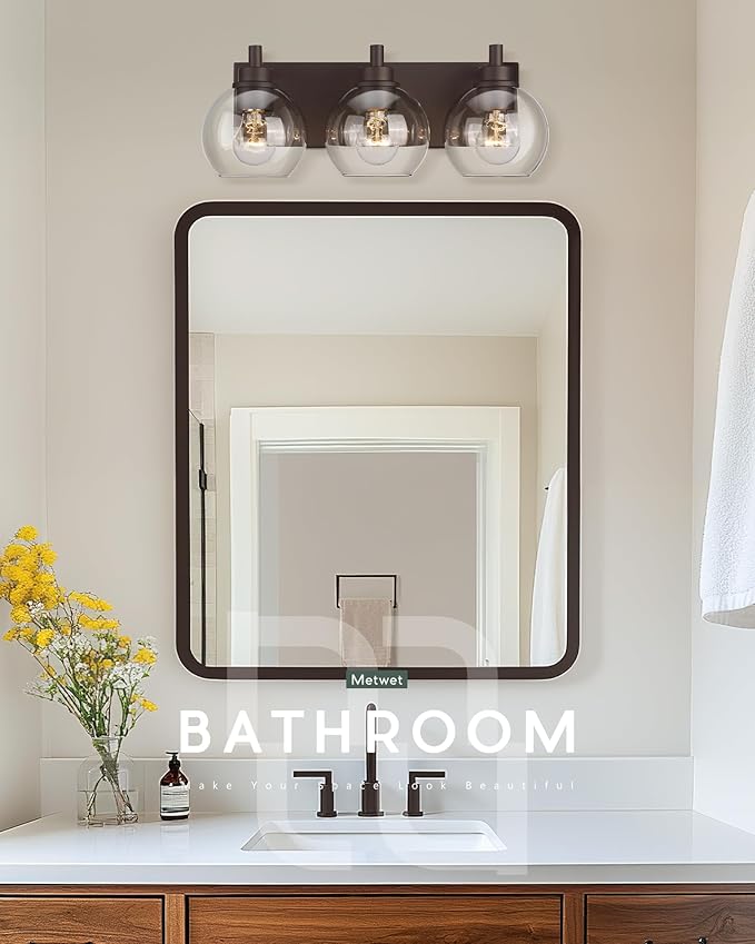 Bathroom Light Fixtures Over Mirror, 3-Light Oil Rubbed Bronze Vanity Light with Clear Glass Globe Shade, Modern Sconces Wall Lighting, Bathroom Wall Lights for Bedroom Hallway, VL195-ORB-3