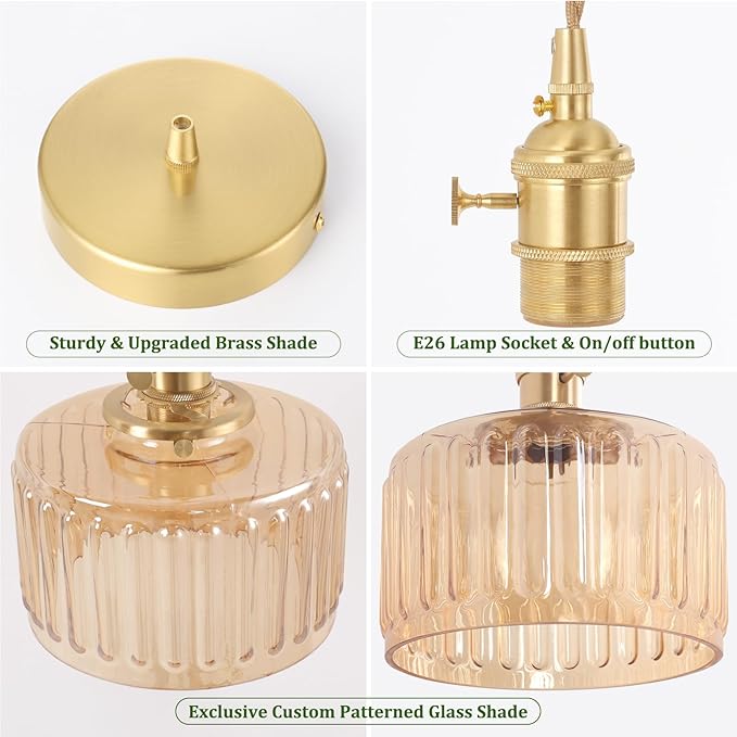 Pendant Light with Amber Striped Glass Lmapshade, Brass Vintage Pendant Light Adjustable Hanging Light for Kitchen Island Dining Room Hallway