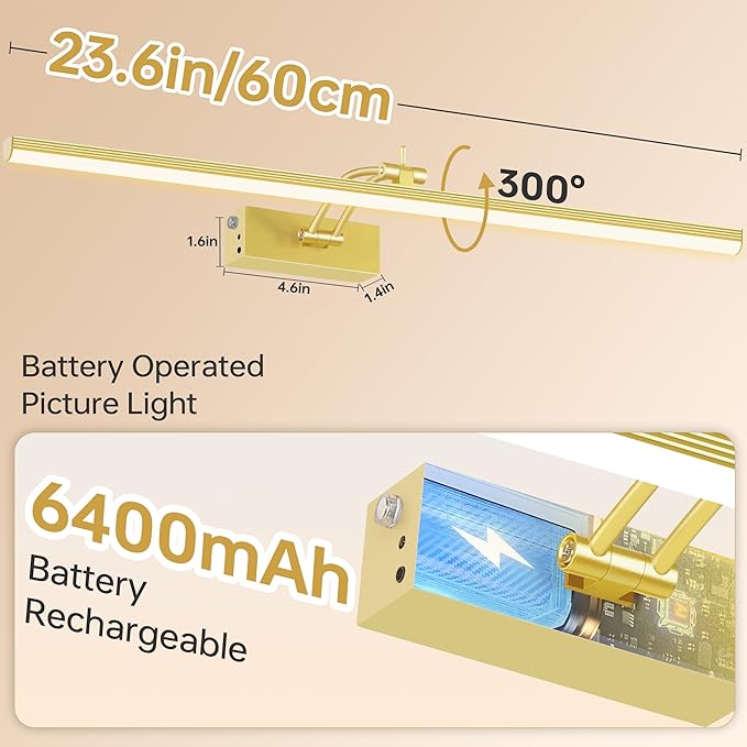 23.6 Inch Picture Light for Wall, 2 Pack 6400mAh Rechargeable Battery Operated Picture Lights, Remote Gallery Light for Wall Pictures, Paintings, Artwork, Poster, Dartboards, NO Wire