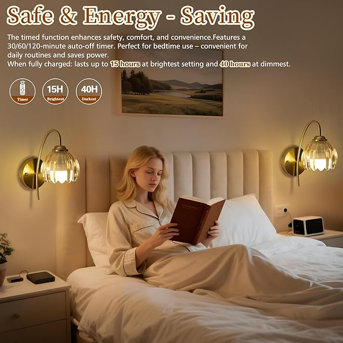 Vintage Battery Operated Wall Sconce with Flower lampshade,Rechargeable Battery Powered Wall Lights,Wall lamp with 15 Colors for Bedroom Living Room Home Decor (Amber Tulip, 2 Light Battery Operated)