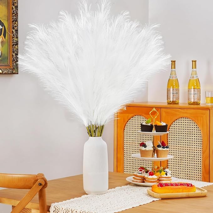 35" Faux Pampas Grass Decor, 8pcs Large Tall Fluffy Artificial Pompous Grass Branches Floral Fake Pompas Grass Bulrush Floor Vase Filler Flower Arrangement for Home Wedding Boho Decor-White