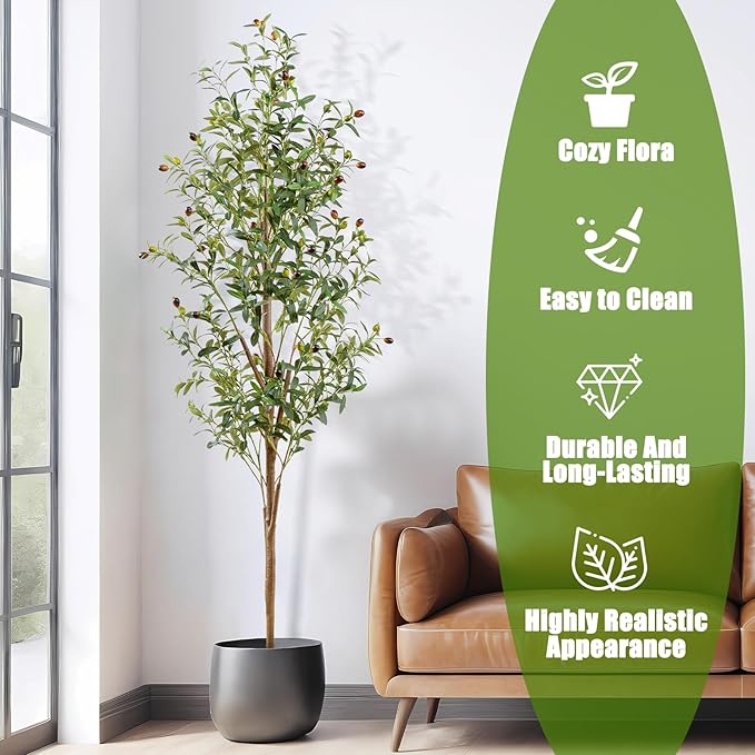 6FT Artificial Olive Tree Indoor, Tall Faux Olive Tree with Pot&Basket, Large Fake Olive Tree with Realistic 1080 Silk Leaves and 60 Fruits for Living Room Home Office Decor