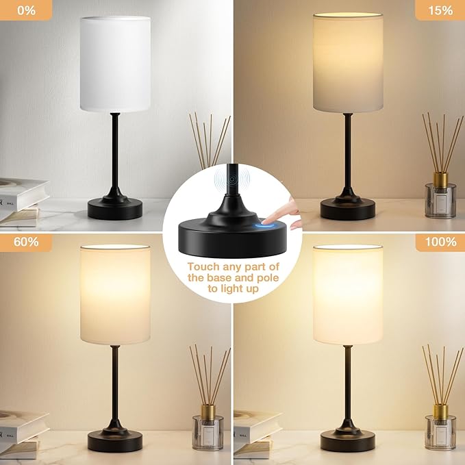 Touch Nightstand Bedroom Lamp - 3 Way Dimmable Bedside Lamp, Small Table Lamp Linen Lampshade for Office Desk, LED Bulb Included