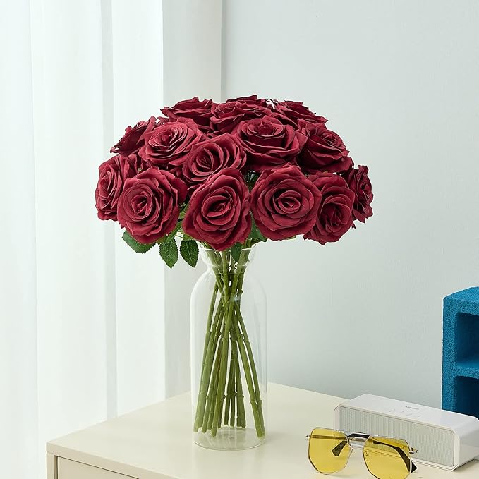 15pcs Artificial Rose Flowers Long Stem Burgundy Fake Silk Roses for DIY Wedding Bouquet Table Centerpiece Home Decor (VASE is NOT Included)