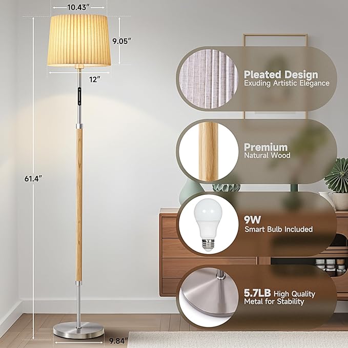 Floor Lamps for Living Room, 61" Natural Wood Floor Lamp with Remote & Touch Control, Stepless Dimmable, Modern Farmhouse Standing Lamp with Double-Layer Pleated Lampshade for Bedroom Office