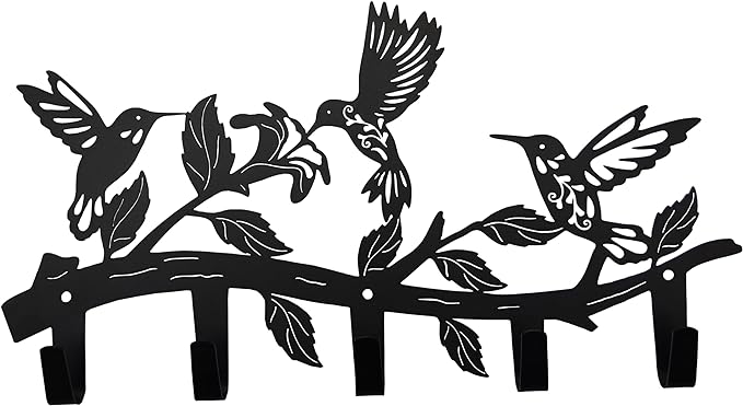 Metal Hummingbird Coat Hooks Wall Art Decor-Hummingbird Hangers and Key Holder-Animal Theme Hooks Sweet Home Decor for Storage, Living Room, Hallway, Office (Black)