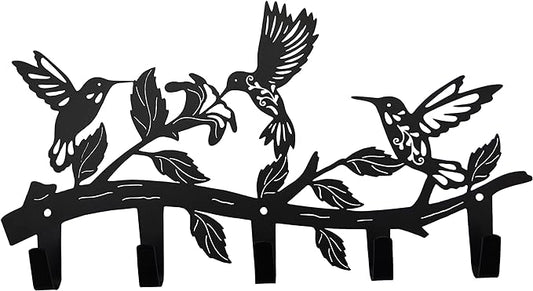 Metal Hummingbird Coat Hooks Wall Art Decor-Hummingbird Hangers and Key Holder-Animal Theme Hooks Sweet Home Decor for Storage, Living Room, Hallway, Office (Black)