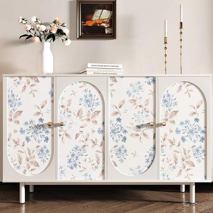 WESTICK Blue Leaf Wallpaper Vintage Peel and Stick Floral Contact Paper for Walls Neutral Floral Wallpaper Self Adhesive Removable Beige Leaf Wall Paper for Bedroom Living Room Cabinets 17.5"x100"