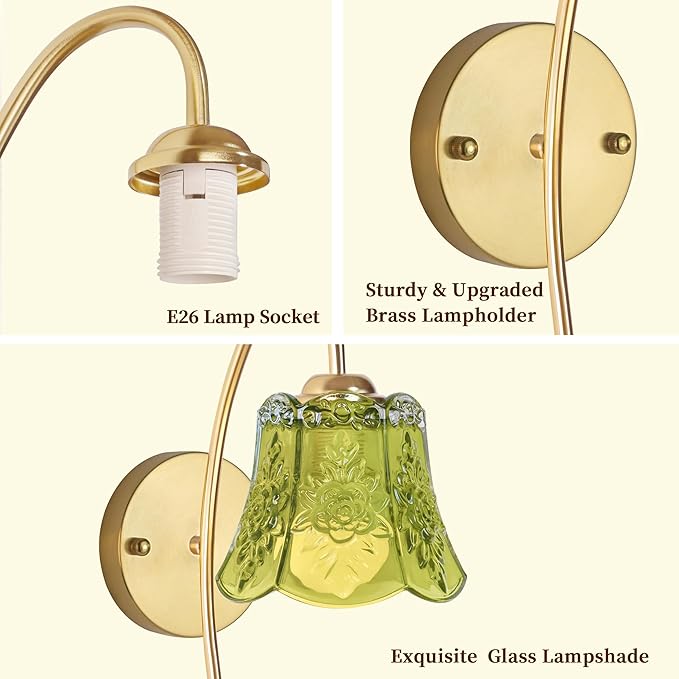 Vintage Battery Operated Wall Sconce with Flower lampshade,Rechargeable Battery Powered Wall Lights,Wall lamp with 15 Colors for Bedroom Living Room Home Decor (Green Rose, 2 Light Battery Operated)
