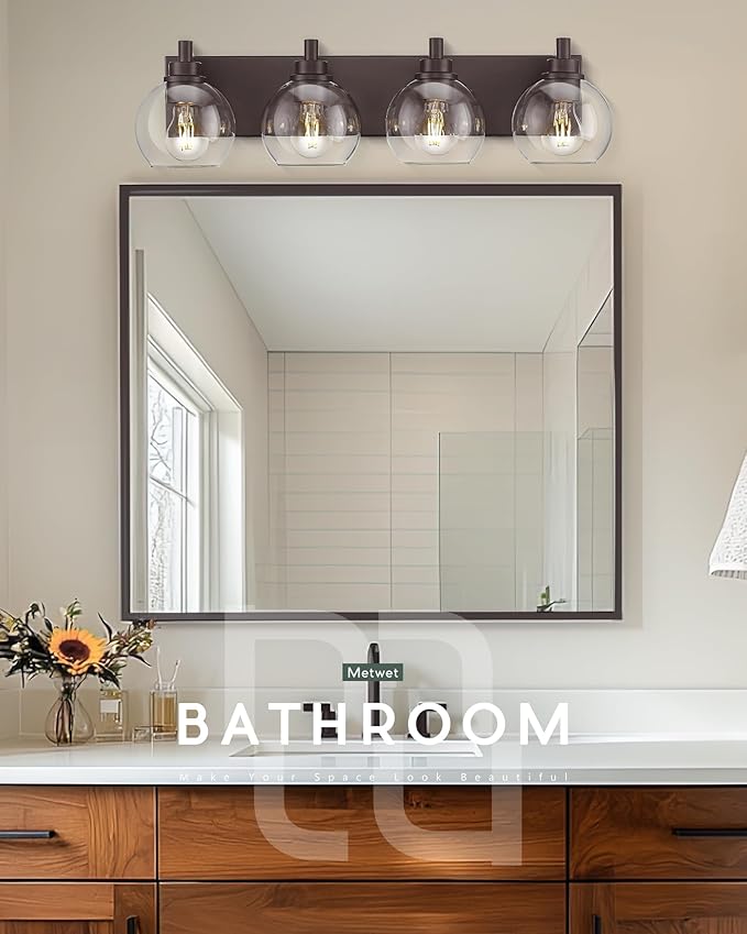 Bathroom Light Fixtures Over Mirror, 4-Light Oil Rubbed Bronze Bathroom Vanity Light with Globe Clear Glass Shade, 26 Inch Modern Sconces Wall Lighting, VL195-ORB-4
