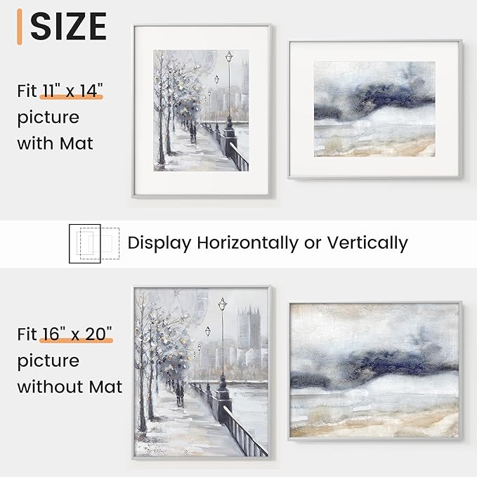 16x20 inch Metal Picture Frame - 16 x 20 Thin Aluminum Photo Frames with 11x14 Removable Mat - High Definition Plexiglass - Vertical and Horizontal Display - Wall Hook Hanging Hardware Included - Silver, Set of 4