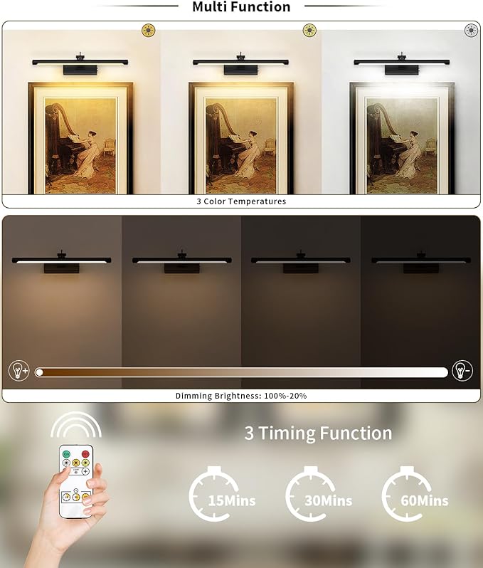 Joosenhouse Battery Operated Picture Light 5000mAh Rechargeable Black Art Light 15.7" Wireless Picture Lights for Wall with Remote Control for Paintings Photo Spot Lights Indoor