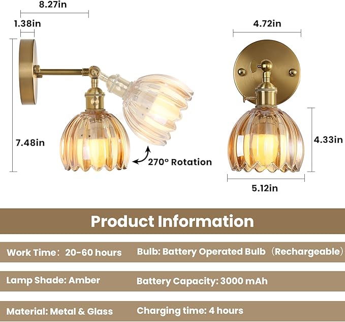 Battery Operated Wall Sconce Set of 2 with Amber Floral Glass Shade Vintage Wireless Wall Light with Remote Control for, Living Room, Bedroom, Dressing Table and Bathroom Timer/Memory Function/Dimmer