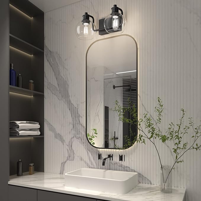 Tipace 2 Lights Industrial Bathroom Vanity Light Fixtures Over Mirror Black Vintage Vanity Lights with Globe Clear Glass Farmhouse Wall Sconces Fixture(Exclude Bulb)