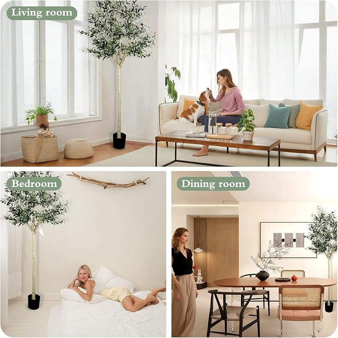 Artificial Olive Tree 7.5 ft, 90 Inch Faux Olive Tree with White Planter, Natural Olive Branches and Realistic Leaves for Modern Home Office Living Room Floor Decor