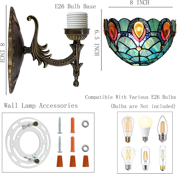 Tiffany Sconce Lamp Stained Glass Wall Lamp,8X10.5X11 Inch Plug in Wall Bedside Light for Hallway Bedroom (Brown Crystal)