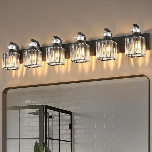 Modern Bathroom Vanity Light, 6-Light Black Bathroom Lighting Fixtures Over Mirror, 44.1" Crystal Wall Light Sconce for Bathroom/Bedroom/Vanity, Includes LED Bulbs, Easy Installation