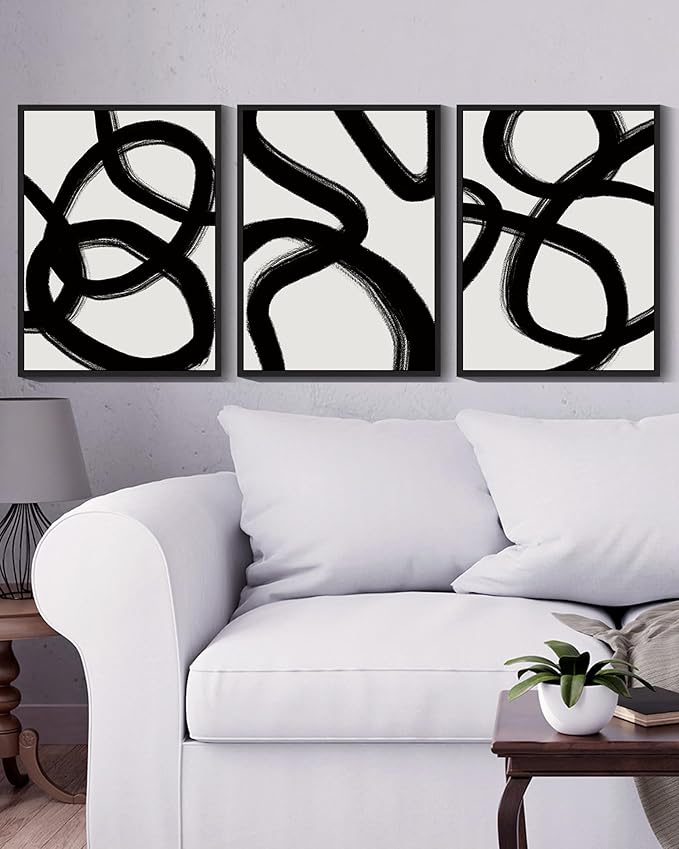 KUVIOKE Black and Wahite Abstract Framed Wall Art Ink Wash Minimalist Lines Painting Artwork for Bedroom Hallway 12x16in (Black Framed)