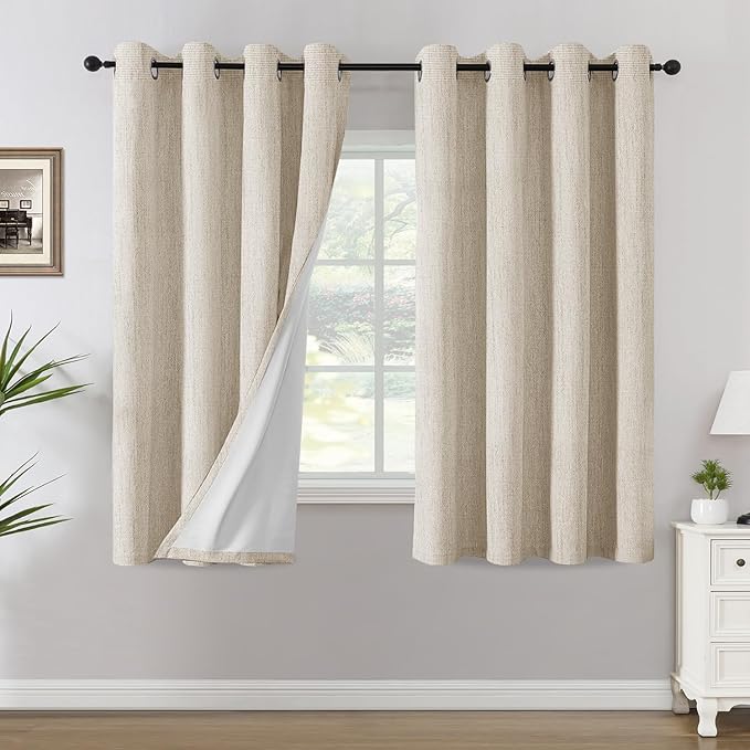 H.VERSAILTEX Chenille Linen Blackout Curtains for Bedroom 63 Inches Long Thermal Insulated Textured Linen Look Curtains with White Flocking Coating Back, Heathered Bleached Sand(Not Solid)