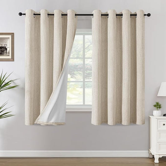 H.VERSAILTEX Chenille Linen Blackout Curtains for Bedroom 63 Inches Long Thermal Insulated Textured Linen Look Curtains with White Flocking Coating Back, Heathered Bleached Sand(Not Solid)