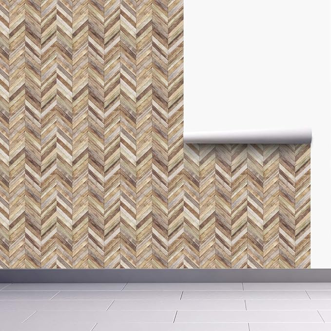 Handpainting Peel and Stick Wallpaper Herringbone Wood Panel Self-Adhesive Prepasted Wallpaper Wall Mural 17.7in x 9.8ft