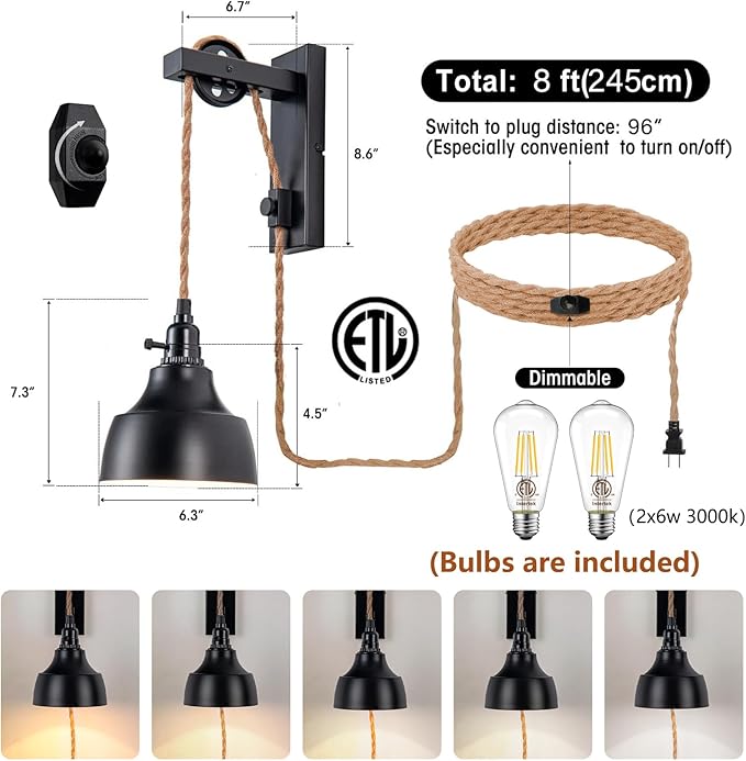 8FT Dimmable Plug in Wall Sconces Pulley Wall Lamps Vintage Hanging Light Fixture Wall Lights with Plug in Dimmable Switch Set of Two Black Wall Lamp for Bedroom, Living Room and Hotel