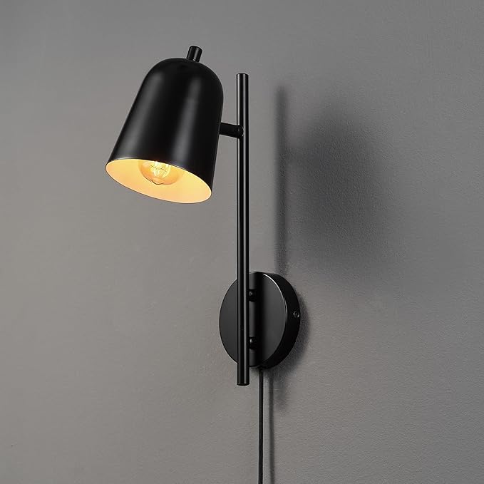 GLOBE Electric 65000049 1-Light Plug-in or Hardwire Wall Sconce, Matte Black, Pivoting Shade, Black Braided Fabric Designer Cord, Hanging Lamp, Wall Lights for Living Room, Bedroom, Den