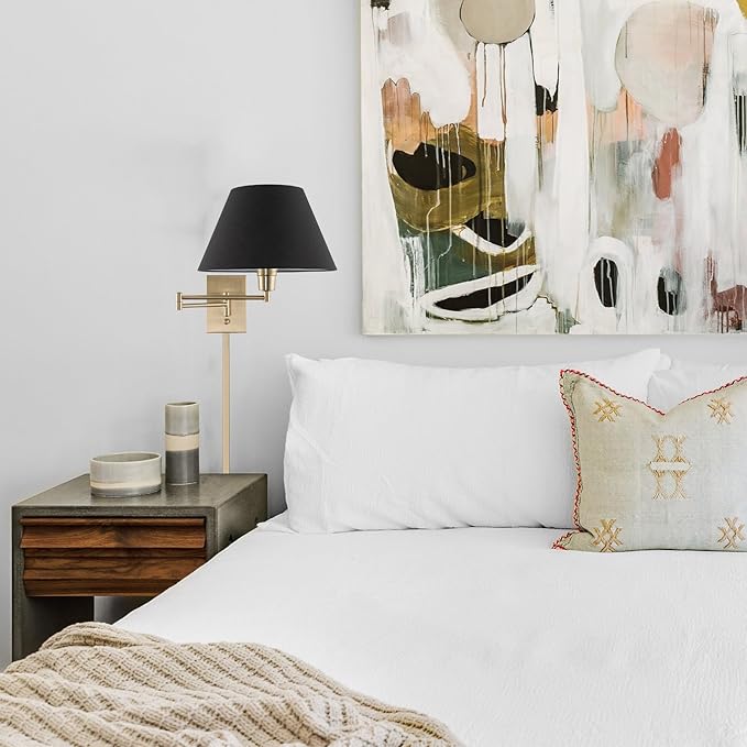 Kira Home Cambridge 15" Modern Swing Arm Wall Lamp - Plug in/Wall Mount + Black Fabric Shade, Cool Brass Finish, 2-Pack